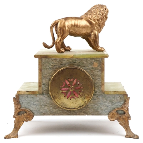 296 - Japy Freres, French 19th century style onyx and gilt metal mantle clock surmounted with a lion, the ... 