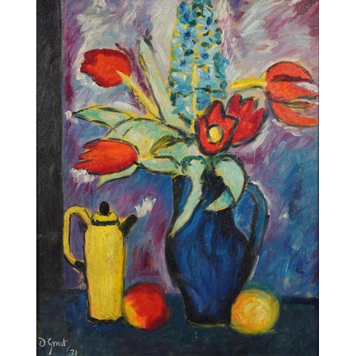 3055A - After Duncan Grant - Still life flowers, fruit and water jug, Modern British oil on canvas board, fr... 