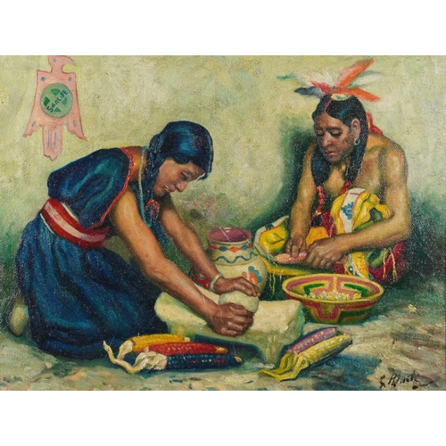 3060A - Two Native Americans preparing food, oil on board, mounted and framed, 39cm x 29.5cm excluding the m... 