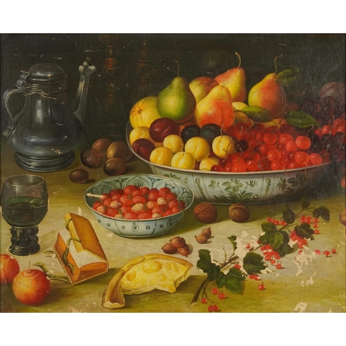 3065A - Still life fruit and vessels, Old Master style oil on board, mounted and framed, 54.5cm x 44cm exclu... 