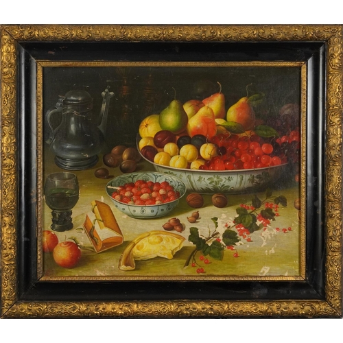 3065A - Still life fruit and vessels, Old Master style oil on board, mounted and framed, 54.5cm x 44cm exclu... 