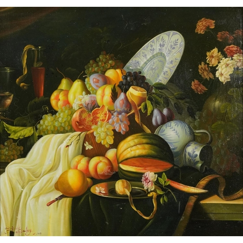 3070A - Still life fruit and vessels, Old Master style oil on board, framed, 50cm x 47cm excluding the frame