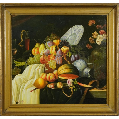 3070A - Still life fruit and vessels, Old Master style oil on board, framed, 50cm x 47cm excluding the frame