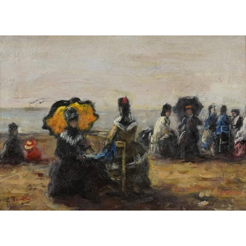 3075A - After Eugene Boudin - Busy beach scene, French Impressionist oil on board, mounted, framed and glaze... 