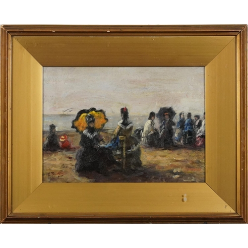 3075A - After Eugene Boudin - Busy beach scene, French Impressionist oil on board, mounted, framed and glaze... 