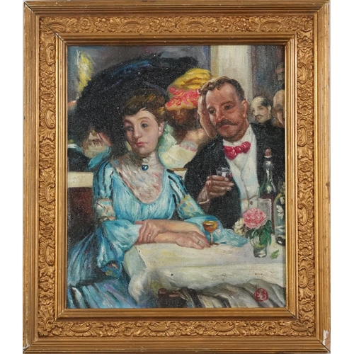 3085A - Restaurant interior with figures, oil on board, framed, 29.5cm x 24.5cm excluding the frame