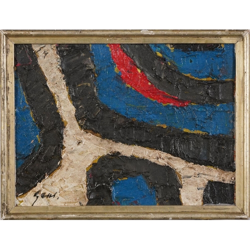 3095A - Abstract composition, blue, red, black and white, Modern British impasto oil on board, framed, 31cm ... 