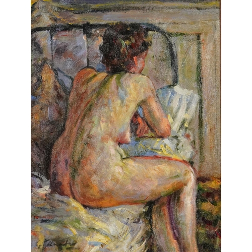 3105A - After George Leslie Hunter - Nude female in an interior, Scottish Colourist school oil on board, fra... 