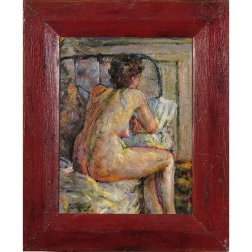 3105A - After George Leslie Hunter - Nude female in an interior, Scottish Colourist school oil on board, fra... 