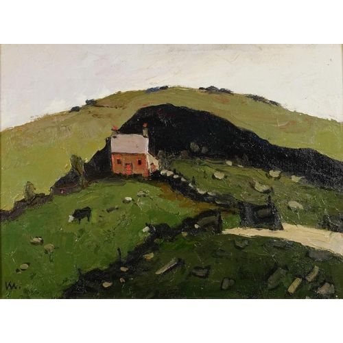 3115A - Manner of Kyffin Williams - Landscape with cottage, Welsh school oil on board, framed, 39cm x 29.5cm... 