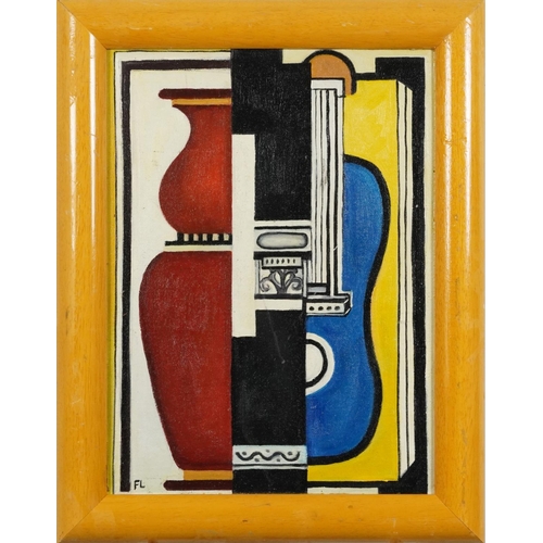 3120A - Manner of Fernand Leger - Abstract composition with vase and instrument, French Impressionist oil on... 