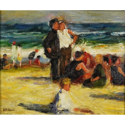 3130A - Beach scene with figures, French Impressionist oil on board, framed, 29.5cm x 24.5cm excluding the f... 