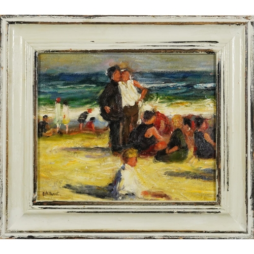 3130A - Beach scene with figures, French Impressionist oil on board, framed, 29.5cm x 24.5cm excluding the f... 