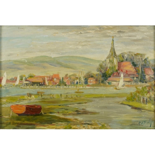 3135A - Manner of Ronald Ossory Dunlop - Landscape with sailing boats, Modern British oil on canvas board, f... 