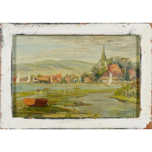 3135A - Manner of Ronald Ossory Dunlop - Landscape with sailing boats, Modern British oil on canvas board, f... 