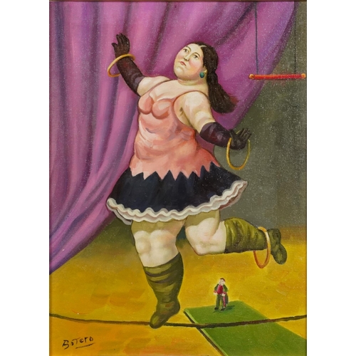 3140A - Manner of Fernando Botero - Circus performer, Italian school oil on board, framed, 39cm x 28.5cm exc... 