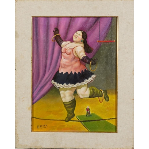 3140A - Manner of Fernando Botero - Circus performer, Italian school oil on board, framed, 39cm x 28.5cm exc... 