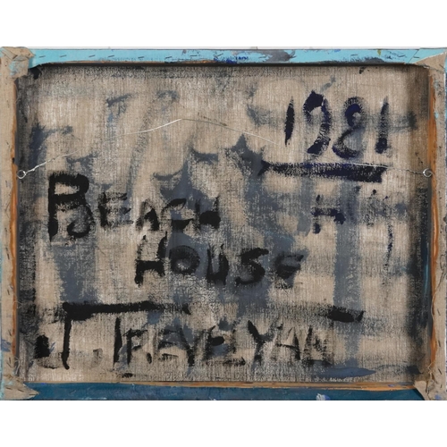 3145A - After Julian Trevelyan - Beach House, Modern British mixed media and collage on canvas, inscribed ve... 