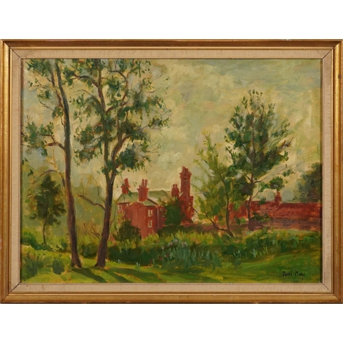 3150A - After Paul Maze - Landscape with trees beside building, oil on board mounted and framed, 59.5cm x 44... 