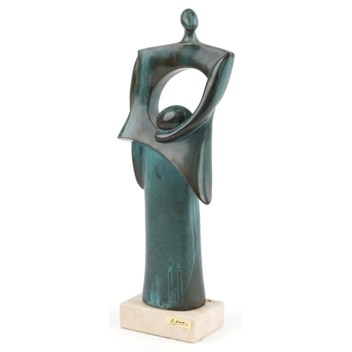 335 - After Andre Pair, Modernist verdigris bronzed figural sculpture raised on a rectangular marble base,... 