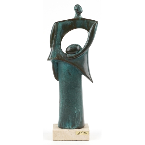 335 - After Andre Pair, Modernist verdigris bronzed figural sculpture raised on a rectangular marble base,... 