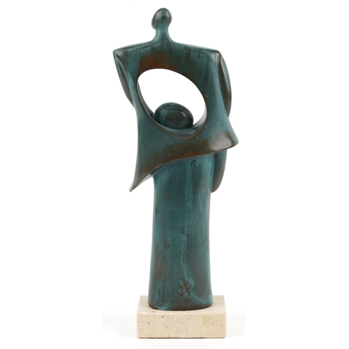 335 - After Andre Pair, Modernist verdigris bronzed figural sculpture raised on a rectangular marble base,... 