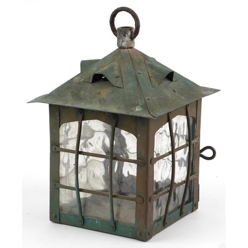 153 - Arts & Crafts verdigris bronzed hanging lantern with glass panels, 30.5cm high