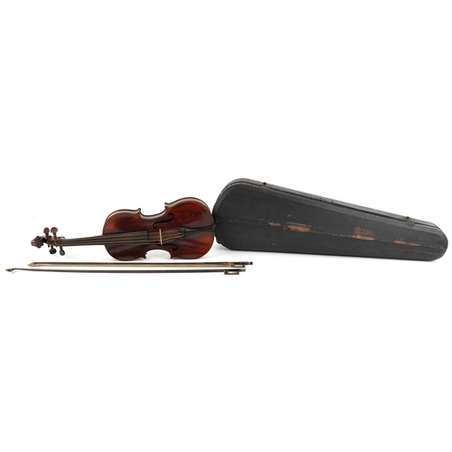 1012 - Old wooden violin with one piece back, bow and fitted wooden travelling case, the violin bearing a D... 