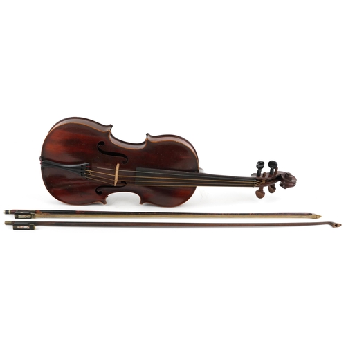 1012 - Old wooden violin with one piece back, bow and fitted wooden travelling case, the violin bearing a D... 