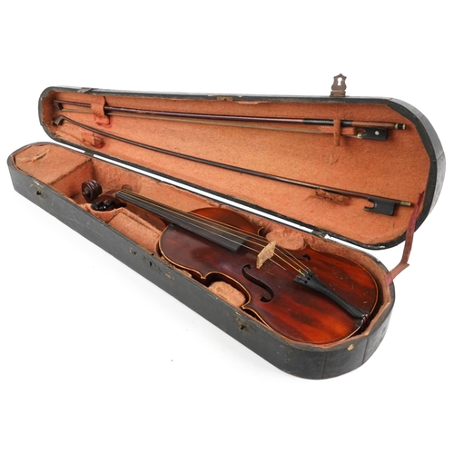 1012 - Old wooden violin with one piece back, bow and fitted wooden travelling case, the violin bearing a D... 