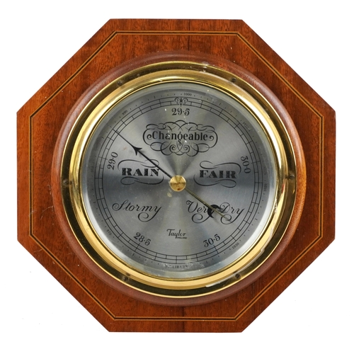 2728 - Hexagonal inlaid mahogany wall barometer by Taylor of England, 26cm in diameter