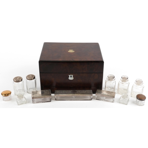 486 - Victorian burr walnut toilet box with rosewood interior and base drawer housing various glass pots a... 