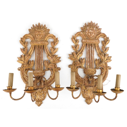 177 - Pair of 19th century French gilt wood three branch wall sconces in the form of a lyres, each 61cm hi... 