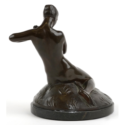 105 - Carl Neuhaus 1921, German Art Deco patinated bronze statuette of a nude female with frog, raised on ... 