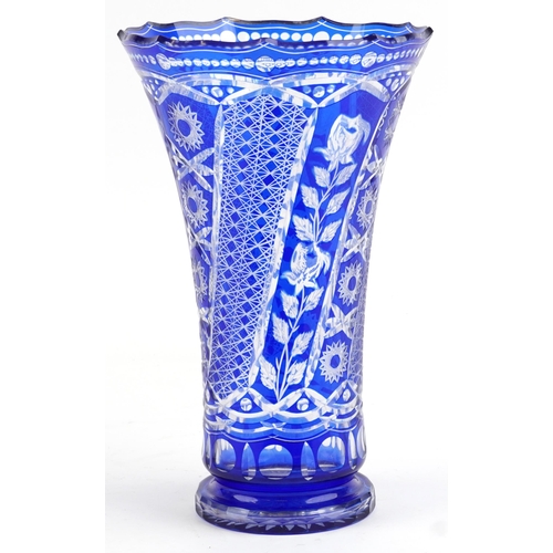 440 - Large Bohemian blue flashed cut glass vase etched with flowers, 38cm high