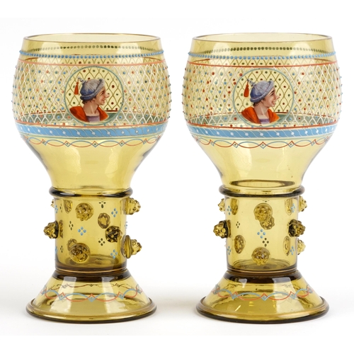 354 - Attributed to Moser, Matched pair of 19th century Bohemian over sized goblets each enamelled with a ... 