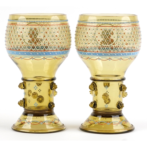 354 - Attributed to Moser, Matched pair of 19th century Bohemian over sized goblets each enamelled with a ... 