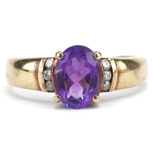 508 - 9ct gold amethyst ring with diamond set shoulders, size M, 2.3g