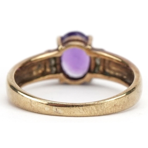 508 - 9ct gold amethyst ring with diamond set shoulders, size M, 2.3g