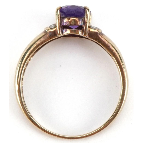 508 - 9ct gold amethyst ring with diamond set shoulders, size M, 2.3g