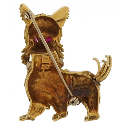 3 - 18ct gold dog brooch with diamond set collar and ruby eyes, OCEV maker's mark, 4cm high, 14.2g
