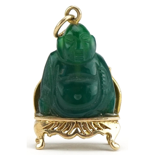 62 - 9ct gold and carved hardstone Chinese Buddha charm, 3cm high, 7.2g