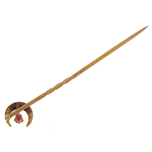 498 - Victorian unmarked gold ruby and seed pearl moon crest stickpin, tests as 15ct gold, housed in a Joh... 