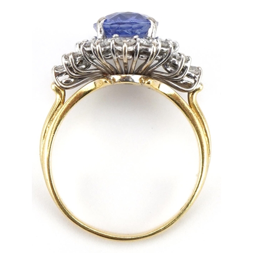 4 - 18ct gold Sri Lankan sapphire and diamond four tier cluster ring, weight of the sapphire 6.54g, the ... 