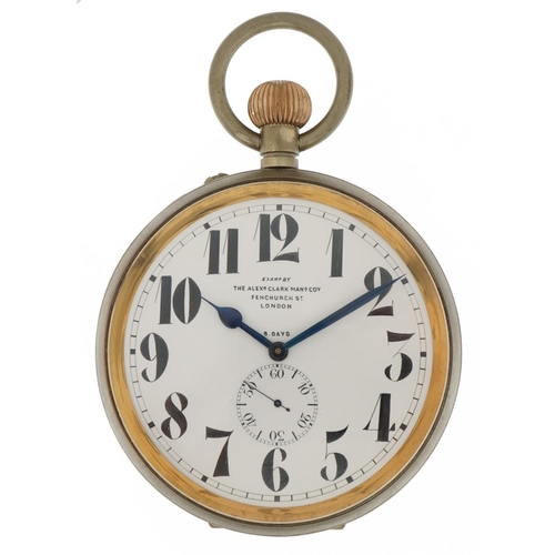 565 - White metal eight day Goliath pocket watch, the enamelled dial inscribed Examined by The Alexander C... 