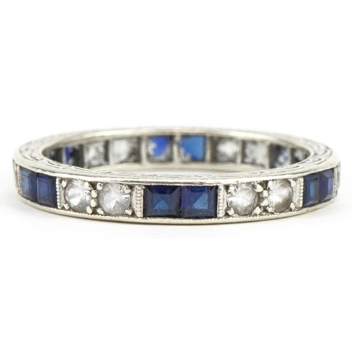 58 - 9ct white gold sapphire and white spinel eternity ring, size P, 2.5g