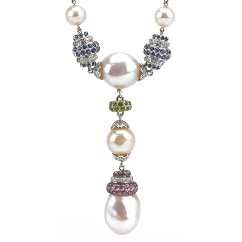 17 - 18ct white gold freshwater and cultured pearl multi gem necklace set with diamonds, rubies, emeralds... 
