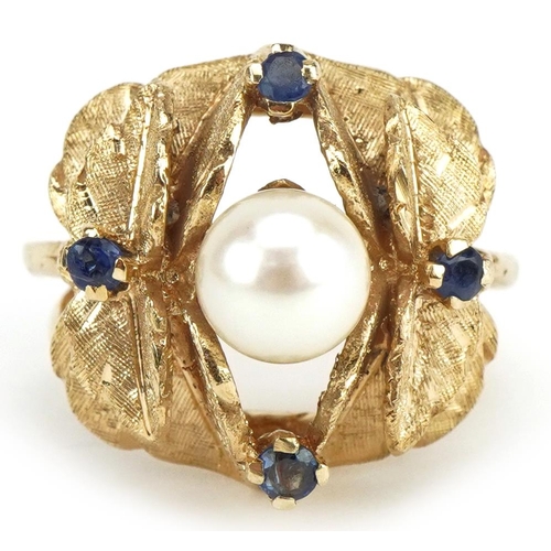 46 - Naturalistic 14ct gold cultured pearl and sapphire ring with split shoulders, size I, 10.8g
