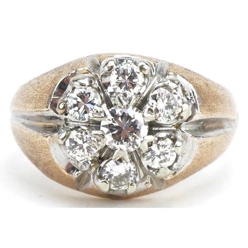 61 - 14ct gold diamond flower head ring, total diamond weight approximately 1.10 carat, size Q/R, 11.5g