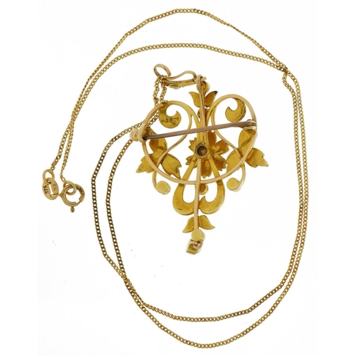 49 - Edwardian 15ct gold diamond and seed pearl openwork floral brooch pendant on a 9ct gold necklace, th... 